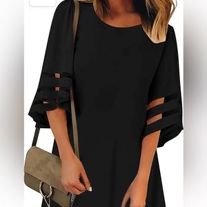Women Casual Crewneck Mesh Panel 3/4 Bell Sleeve Loose Tunic Dress
